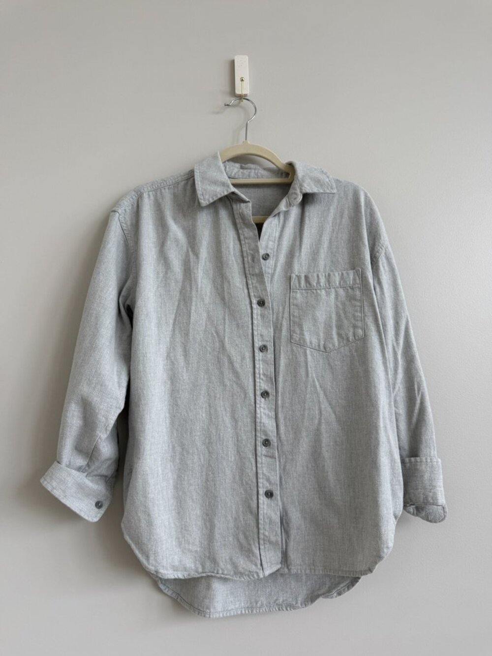 Soft Gray Brushed Button-Up Shirt Oversized Split Hem Long Sleeve